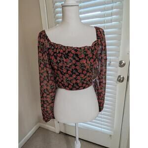 Altered State Cropped Peblum Top Boho Long Sleeve Red And Black Floral Small NWT